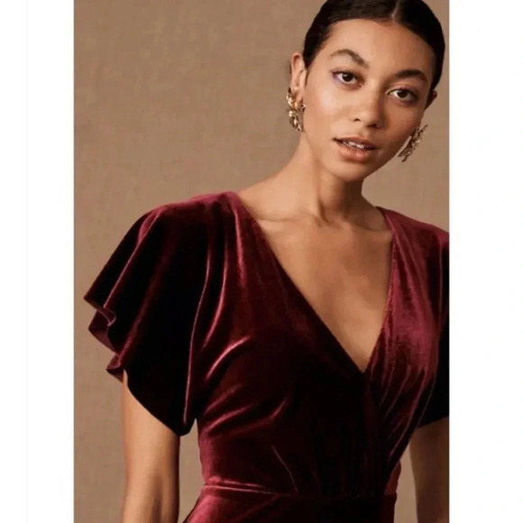 NWT BHLDN Jenny Yoo Ellis Velvet Maxi Dress Short Sleeve in Red Berry 4 - Picture 4 of 15